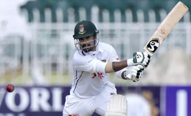 Bangladesh's Litton Das plays a shot during the third day of second test cricket match between Pakistan and Bangladesh, in Rawalpindi, Pakistan, Sunday, Sept. 1, 2024. (AP Photo/Anjum Naveed)