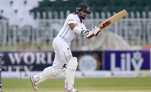 Bangladesh's Shadman Islam bats during the fourth day of second test cricket match between Pakistan and Bangladesh, in Rawalpindi, Pakistan, Monday, Sept. 2, 2024. (AP Photo/Anjum Naveed)