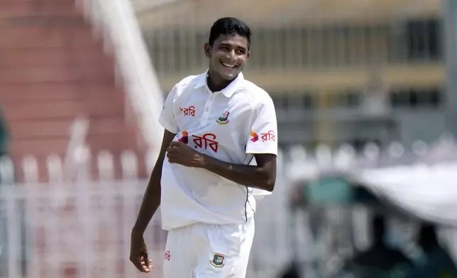 Bangladesh's Nahid Rana celebrates after taking the wicket of Pakistan's Saud Shakeel during the fourth day of second test cricket match between Pakistan and Bangladesh, in Rawalpindi, Pakistan, Monday, Sept. 2, 2024. (AP Photo/Anjum Naveed)