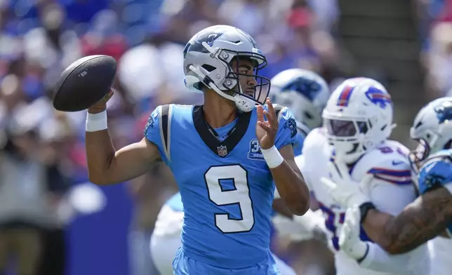 Carolina Panthers quarterback Bryce Young (9) passes in the first half of an NFL preseason football game against the Buffalo Bills, Saturday, Aug. 24, 2024, in Orchard Park, N.Y. (AP Photo/Charles Krupa)