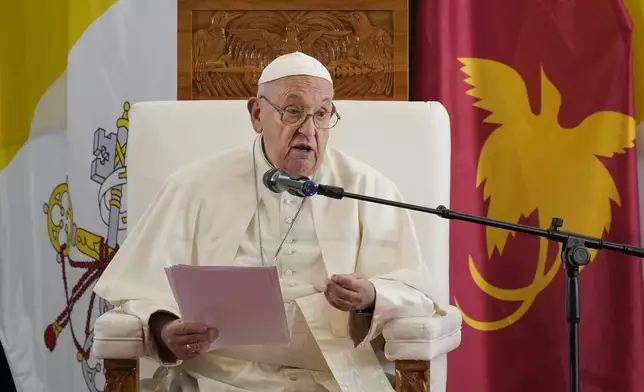 Pope Francis deliver his speech at APEC Haus in Port Moresby, Papua New Guinea, Saturday, Sept. 7, 2024. (AP Photo/Mark Baker)