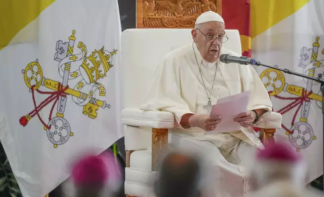 Pope Francis deliver his speech at APEC Haus in Port Moresby, Papua New Guinea, Saturday, Sept. 7, 2024. (AP Photo/Mark Baker)