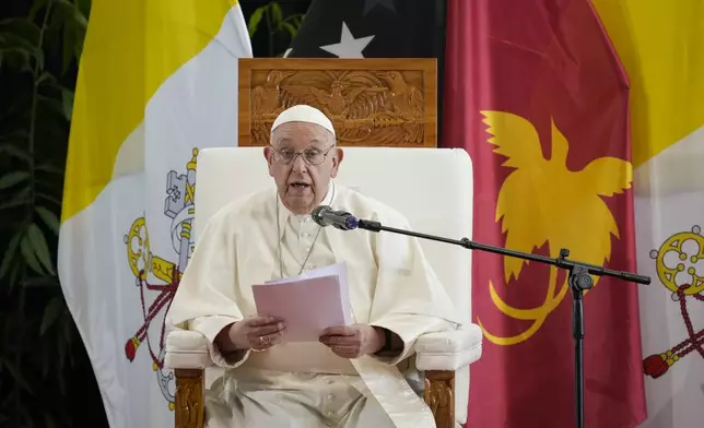 Pope Francis deliver his speech at APEC Haus in Port Moresby, Papua New Guinea, Saturday, Sept. 7, 2024. (AP Photo/Mark Baker)