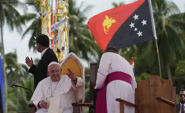 Pope Francis attends a meeting with the faithful in Vanimo, Papua New Guinea, Sunday, Sept. 8, 2024. Pope Francis celebrated the Catholic Church of the peripheries on Sunday as he traveled to the remote jungles of Papua New Guinea, bringing with him a ton of medicine and toys and a message of love overcoming violence for the people who live there.(AP Photo/Gregorio Borgia)