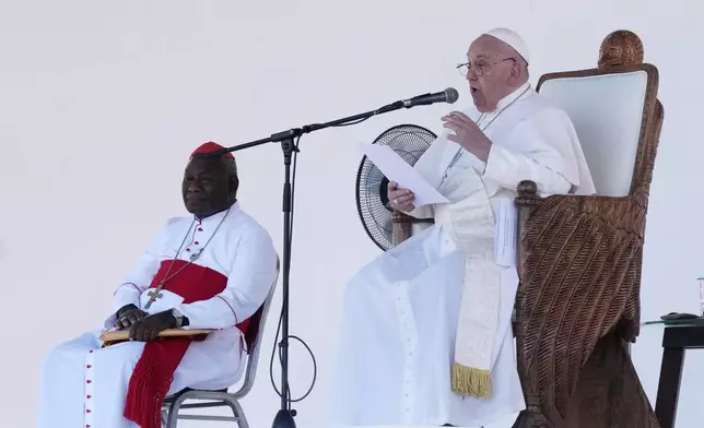 Pope Francis gives an address during meeting with young people in the Sir John Guise Stadium in Port Moresby, Papua New Guinea, Monday, Sept. 9, 2024. (AP Photo/Mark Baker)