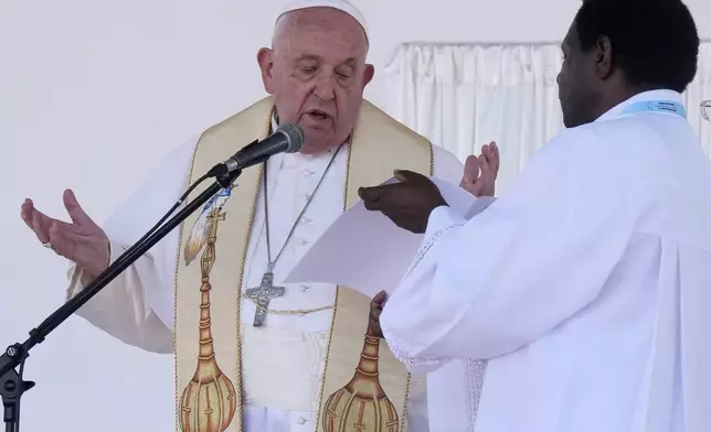 Pope Francis gives an address during meeting with young people in the Sir John Guise Stadium in Port Moresby, Papua New Guinea, Monday, Sept. 9, 2024. (AP Photo/Mark Baker)