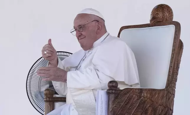 Pope Francis gives an address during meeting with young people in the Sir John Guise Stadium in Port Moresby, Papua New Guinea, Monday, Sept. 9, 2024. (AP Photo/Mark Baker)