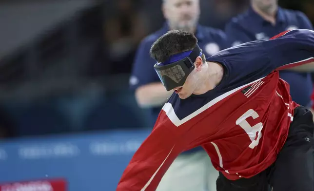 Sweat drops from Calahan Young, U.S. goalball team captain, as he throws the ball during a match against Brazil on Friday, August 30, 2024 at the South Paris Arena during the Paralympic Games in Paris. (Photo/ Nathalee Simoneau)