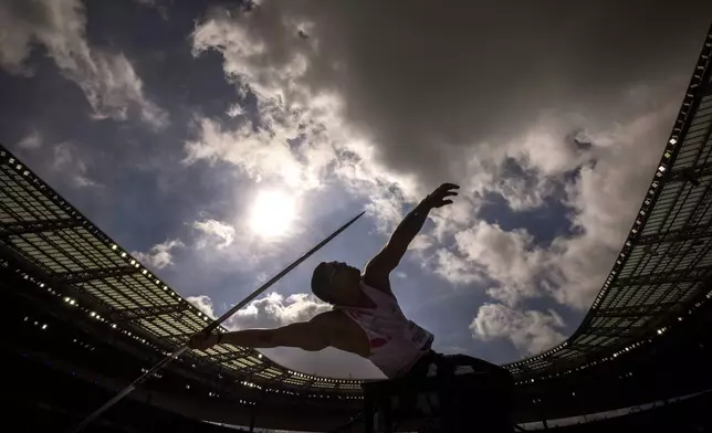 Medina Meneses, of Colombia, competes at Men's Javelin Throw F34 Final at the Stade de France stadium, during the 2024 Paralympics, Wednesday, Sept. 4, 2024, in Paris, France. (AP Photo/Emilio Morenatti)