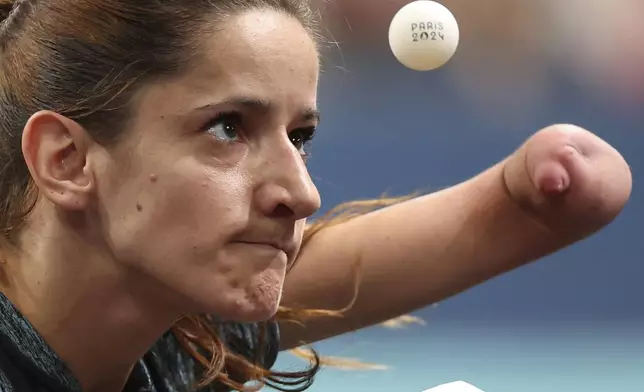 Norway's Aida Husic Dahlen competes against Germany's Juliane Wolf in the Women's Singles - WS8 - Semifinal at the 2024 Paralympics, on Friday, Sept. 6, 2024 in Paris, France. (AP Photo/Aidan Conrad)