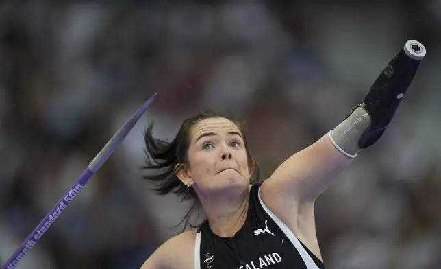 New Zealand's Holly Robinson competes during the women's javelin throw F46 at the 2024 Paralympics, Friday, Sept. 6, 2024, in Paris, France. (AP Photo/Thibault Camus)