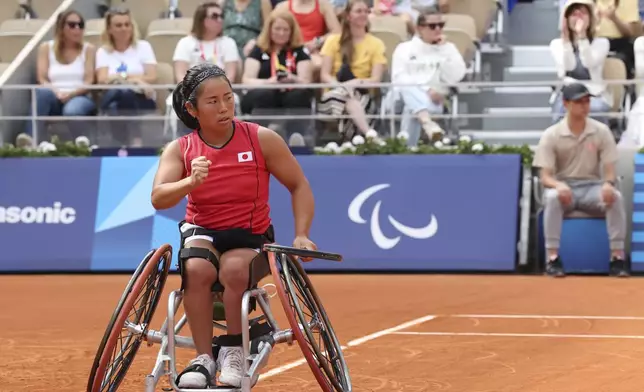 Japan's Yui Kamiji reacts after winning a point in the Women's Singles Wheelchair Tennis Gold Medal Match at the 2024 Paralympics, on Friday, Sept. 6, 2024 in Paris, France. (AP Photo/Caleb Craig)