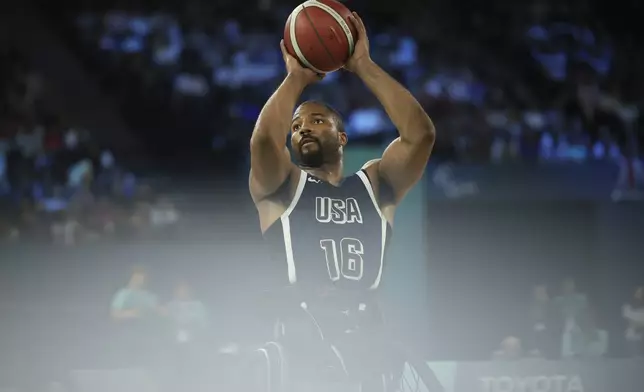 Trevon Jenifer of the U.S. in action during the wheelchair basketball men's gold medal match at the 2024 Paralympics, Saturday, Sept. 7, 2024, in Paris, France. (AP Photo/Thomas Padilla)