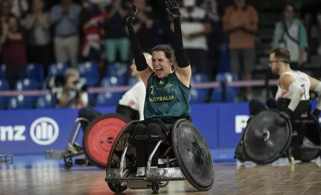 Australia's Ella Sabljak celebrates after winning the wheelchair rugby bronze medal match between Australia and Great Britain at the 2024 Paralympics, Monday, Sept. 2, 2024, in Paris, France. (AP Photo/Aurelien Morissard)