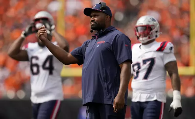 New England Patriots head coach Jerod Mayo watches from the sideline during the second half of an NFL football game against the Cincinnati Bengals, Sunday, Sept. 8, 2024, in Cincinnati. (AP Photo/Carolyn Kaster)