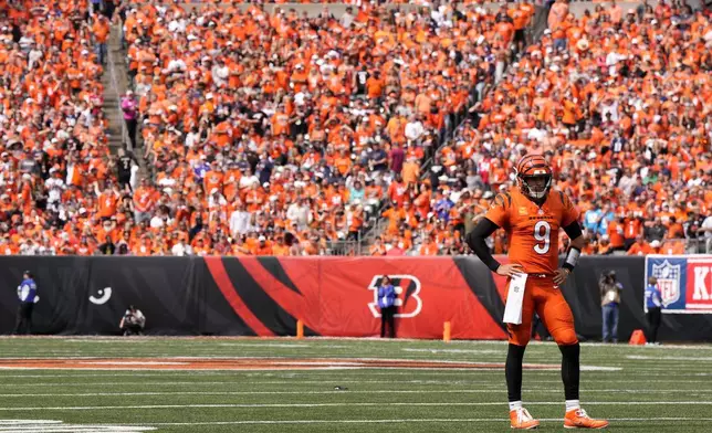 Cincinnati Bengals quarterback Joe Burrow (9) stands on the field during the second half of an NFL football game against the New England Patriots, Sunday, Sept. 8, 2024, in Cincinnati. (AP Photo/Jeff Dean)