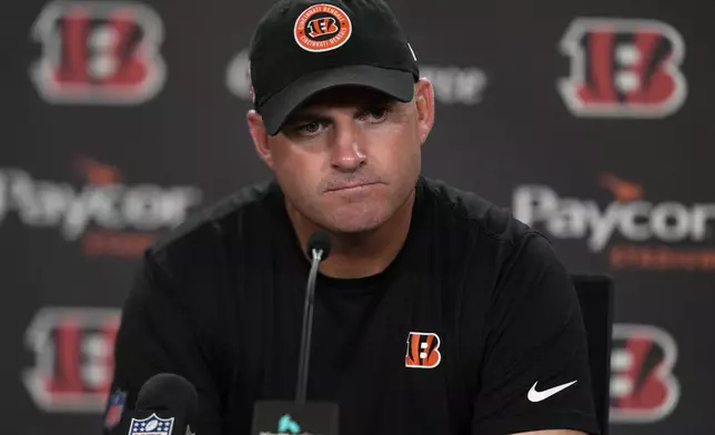 Cincinnati Bengals head coach Zac Taylor speaks during a news conference after an NFL football game against the New England Patriots, Sunday, Sept. 8, 2024, in Cincinnati. The Patriots won 16-10. (AP Photo/Jeff Dean)