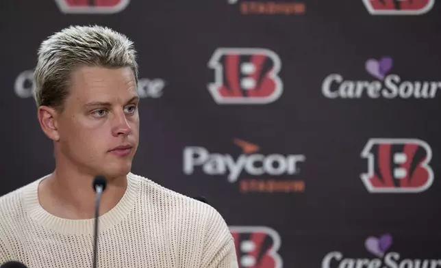 Cincinnati Bengals quarterback Joe Burrow speaks during a news conference after an NFL football game against the New England Patriots, Sunday, Sept. 8, 2024, in Cincinnati. The Patriots won 16-10. (AP Photo/Jeff Dean)