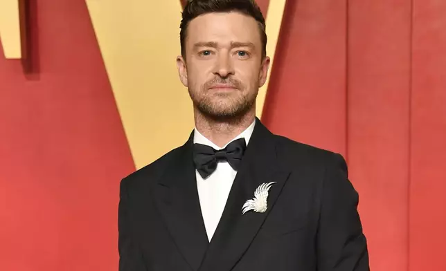 FILE - Justin Timberlake appears at the Vanity Fair Oscar Party in Beverly Hills, Calif., on March 10, 2024. (Photo by Evan Agostini/Invision/AP, File)