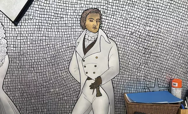 An image of Dr. Edward Jenner, who discovered a vaccine for smallpox, is part of a metal mosaic mural created in 1960 by Greek-born artist Nikos Bel-Jon titled "Medical Research Through the Ages," seen in the lobby of the old Pfizer headquarters in New York on Thursday, August 29, 2024. (AP Photo/Ted Shaffrey)