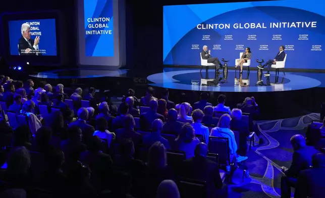 Bill Clinton, Founder and Board Chair of the Clinton Foundation &amp; 42nd President of the United States, speaks to guess during the Clinton Global Initiative, on Monday, Sept. 23, 2024, in New York. (AP Photo/Andres Kudacki)