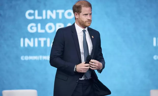 Britain's Prince Harry speaks during the Clinton Global Initiative, on Tuesday, Sept. 24, 2024, in New York. (AP Photo/Andres Kudacki)