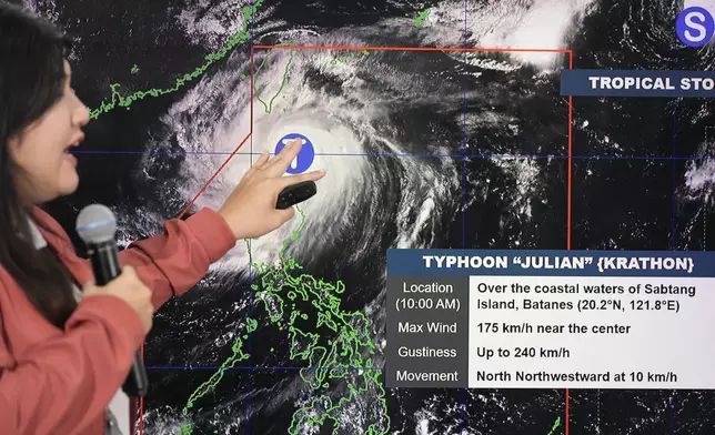 Philippine Atmospheric, Geophysical and Astronomical Services Administration weather specialist Veronica Torres points at an electronic board to show the strength of powerful Typhoon Krathon on Monday, Sept. 30, 2024, in Quezon city, Philippines as it is projected to go towards Taiwan the next day after hitting northern Philippines. (AP Photo/Aaron Favila)