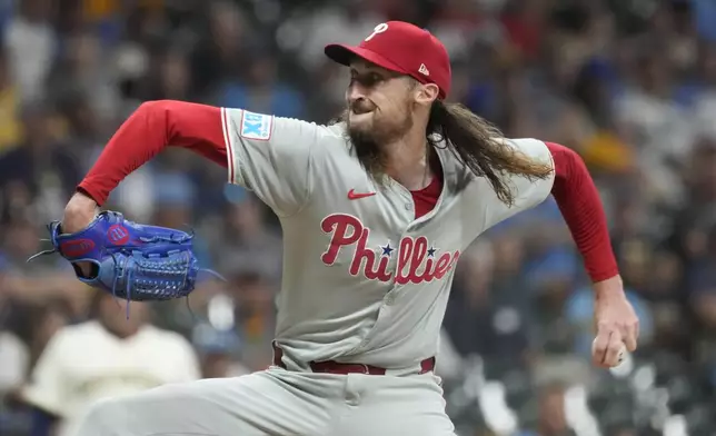 Philadelphia Phillies pitcher Matt Strahm throws during the eighth inning of a baseball game against the Milwaukee Brewers Tuesday, Sept. 17, 2024, in Milwaukee. (AP Photo/Morry Gash)