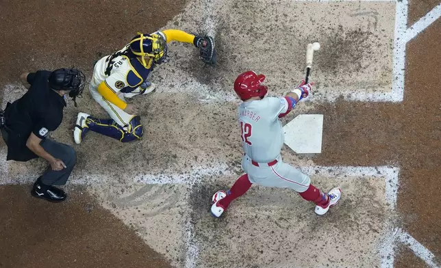 Philadelphia Phillies' Kyle Schwarber hits an RBI single during the seventh inning of a baseball game against the Milwaukee Brewers Monday, Sept. 16, 2024, in Milwaukee. (AP Photo/Morry Gash)