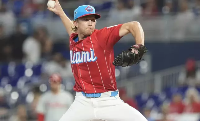 Miami Marlins starting pitcher Darren McCaughan (68) aims a pitch during the first inning of a baseball game against the Philadelphia Phillies, Saturday, Sept. 7, 2024, in Miami. (AP Photo/Marta Lavandier)