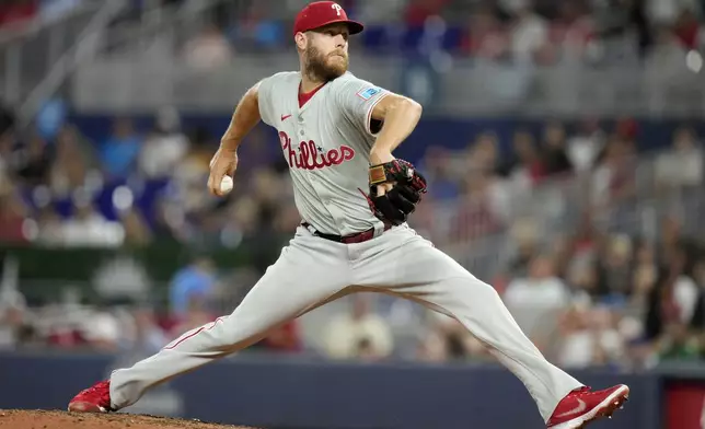 Philadelphia Phillies starting pitcher Zack Wheeler throws during the third inning of a baseball game against the Miami Marlins, Friday, Sept. 6, 2024, in Miami. (AP Photo/Lynne Sladky)