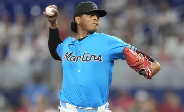 Miami Marlins starting pitcher Edward Cabrera throws during the first inning of a baseball game against the Philadelphia Phillies, Sunday, Sept. 8, 2024, in Miami. (AP Photo/Lynne Sladky)