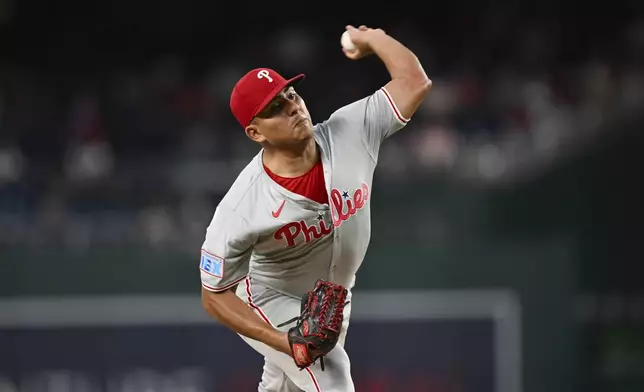 Philadelphia Phillies pitcher Ranger Suárez throws during the first inning of a baseball game against the Washington Nationals, Friday, Sept. 27, 2024, in Washington. (AP Photo/Terrance Williams)