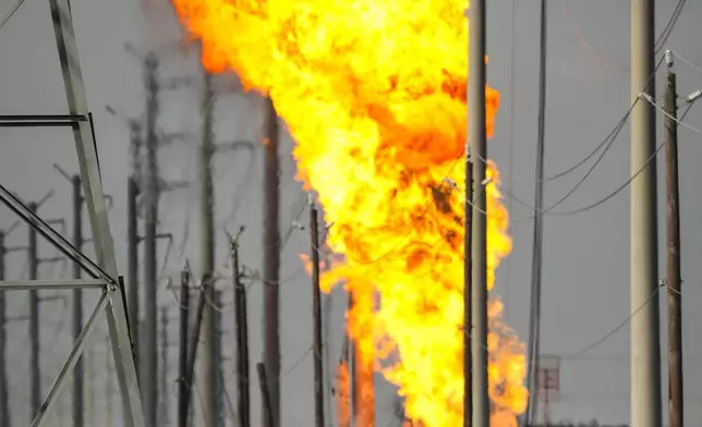 A massive pipeline fire burns near Spencer Highway and Summerton Monday, Sept. 16, 2024, in La Porte, Texas. (Brett Coomer/Houston Chronicle via AP)