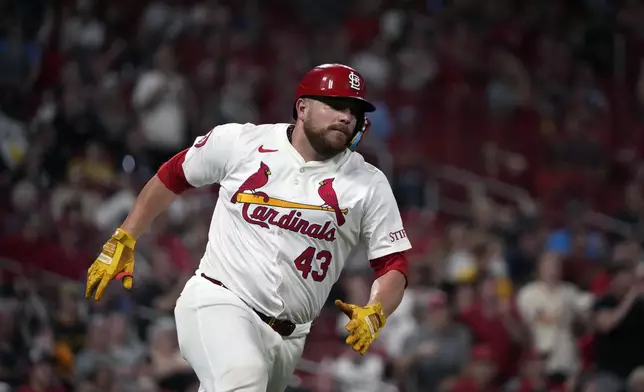 St. Louis Cardinals' Pedro Pages heads to first on an RBI single during the seventh inning of a baseball game against the Pittsburgh Pirates Monday, Sept. 16, 2024, in St. Louis. (AP Photo/Jeff Roberson)