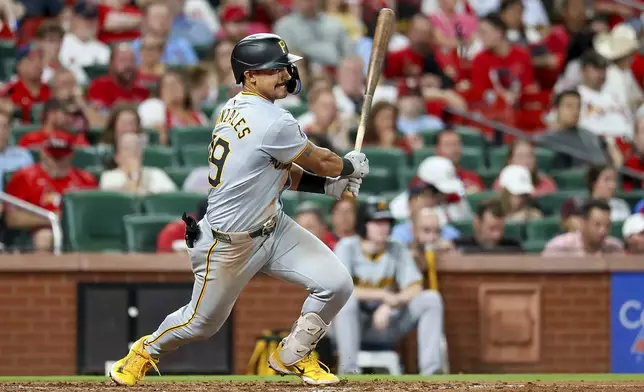 Pittsburgh Pirates' Nick Gonzales hits an RBI single during the eighth inning of a baseball game against the St. Louis Cardinals, Thursday, Sept. 19, 2024, in St. Louis. (AP Photo/Scott Kane)