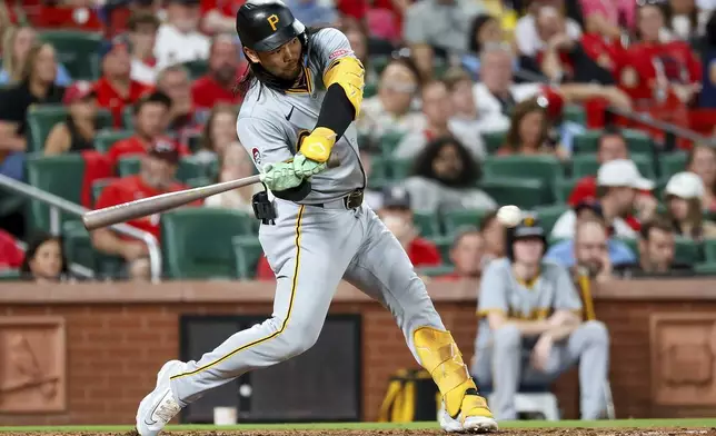 Pittsburgh Pirates' Connor Joe hits a single during the eighth inning of a baseball game against the St. Louis Cardinals, Thursday, Sept. 19, 2024, in St. Louis. (AP Photo/Scott Kane)