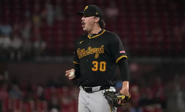 Pittsburgh Pirates starting pitcher Paul Skenes pauses after giving up an RBI single to St. Louis Cardinals' Nolan Arenado during the fourth inning of a baseball game Monday, Sept. 16, 2024, in St. Louis. (AP Photo/Jeff Roberson)