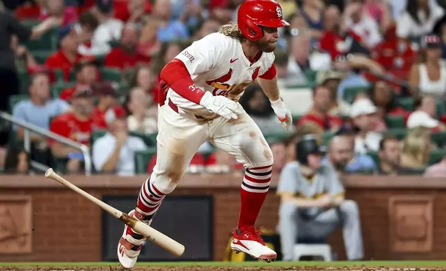 St. Louis Cardinals' Brendan Donovan runs on his RBI single during the fourth inning of a baseball game against the Pittsburgh Pirates, Thursday, Sept. 19, 2024, in St. Louis. (AP Photo/Scott Kane)