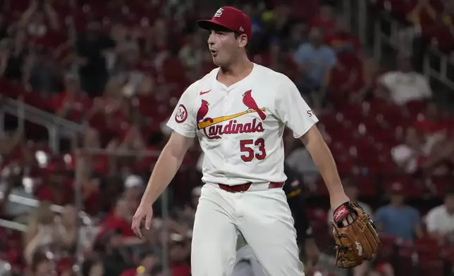 St. Louis Cardinals starting pitcher Andre Pallante celebrates after striking out Pittsburgh Pirates' Jared Triolo to end the top of the seventh inning of a baseball game Monday, Sept. 16, 2024, in St. Louis. (AP Photo/Jeff Roberson)