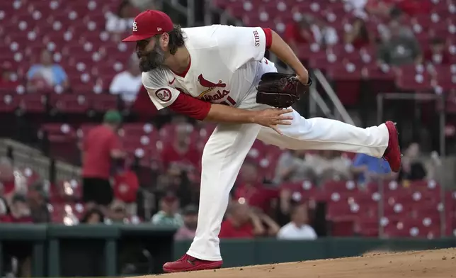 St. Louis Cardinals starting pitcher Lance Lynn throws during the first inning of a baseball game against the Pittsburgh Pirates Tuesday, Sept. 17, 2024, in St. Louis. (AP Photo/Jeff Roberson)