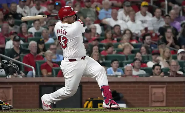 St. Louis Cardinals catcher Pedro Pages follows through on an RBI single during the seventh inning of a baseball game against the Pittsburgh Pirates Monday, Sept. 16, 2024, in St. Louis. (AP Photo/Jeff Roberson)