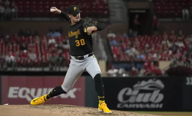 Pittsburgh Pirates starting pitcher Paul Skenes throws during the fourth inning of a baseball game against the St. Louis Cardinals Monday, Sept. 16, 2024, in St. Louis. (AP Photo/Jeff Roberson)