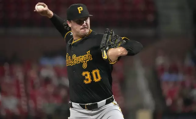 Pittsburgh Pirates starting pitcher Paul Skenes throws during the fourth inning of a baseball game against the St. Louis Cardinals Monday, Sept. 16, 2024, in St. Louis. (AP Photo/Jeff Roberson)