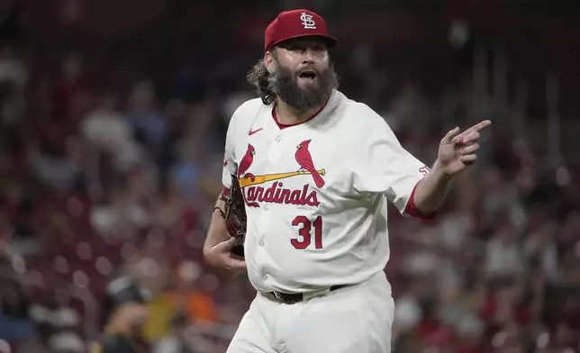 St. Louis Cardinals starting pitcher Lance Lynn celebrates after getting Pittsburgh Pirates' Rowdy Tellez to fly out ending the top of the sixth inning of a baseball game Tuesday, Sept. 17, 2024, in St. Louis. (AP Photo/Jeff Roberson)