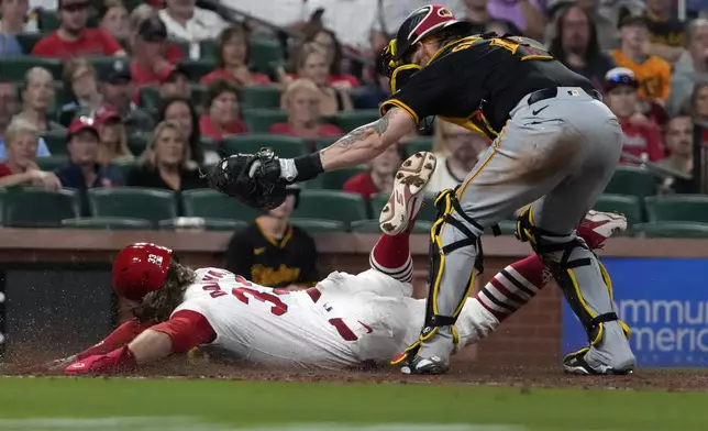 St. Louis Cardinals' Brendan Donovan, left, is tagged out by Pittsburgh Pirates catcher Yasmani Grandal during the eighth inning of a baseball game Monday, Sept. 16, 2024, in St. Louis. (AP Photo/Jeff Roberson)