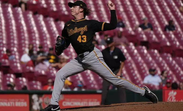 Pittsburgh Pirates pitcher Ryan Borucki throws during the eighth inning of a baseball game against the Cincinnati Reds, Saturday, Sept. 21, 2024, in Cincinnati. (AP Photo/Carolyn Kaster)