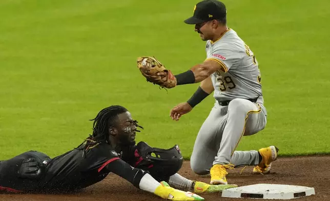 Cincinnati Reds' Elly De La Cruz, left, safely steals second base as Pittsburgh Pirates second baseman Nick Gonzales, right, takes a throw during the fourth inning of a baseball, Friday, Sept. 20, 2024, in Cincinnati. (AP Photo/Carolyn Kaster)