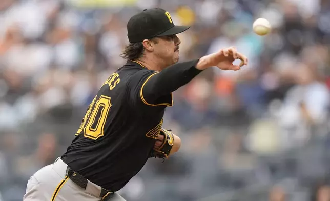 Pittsburgh Pirates' Paul Skenes pitches during the first inning of a baseball game against the New York Yankees, Saturday, Sept. 28, 2024, in New York. (AP Photo/Frank Franklin II)