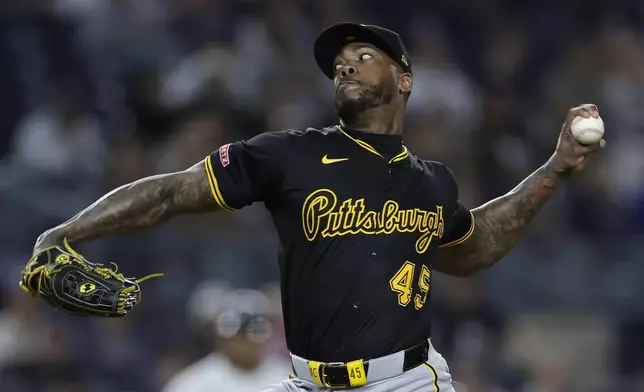 Pittsburgh Pirates' Aroldis Chapman pitches during the ninth inning of a baseball game against the New York Yankees, Friday, Sept. 27, 2024, in New York. The Pirates won 4-2. (AP Photo/Adam Hunger)